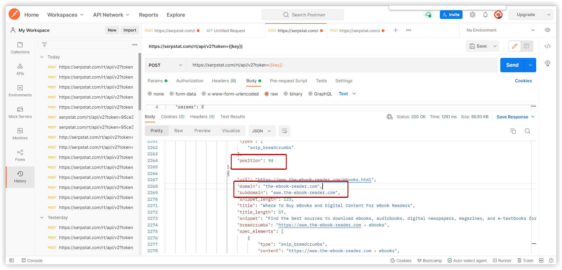 Search results and domains for analysis