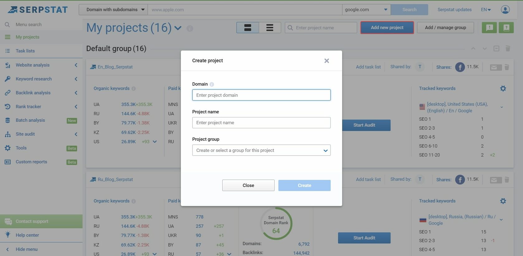 create serpstat project